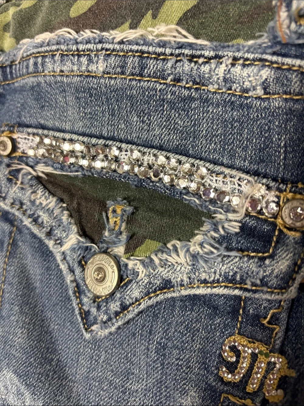 Miss Me Windsor Blue Distressed Denim Long Shorts Size 29 Rhinestone camouflage